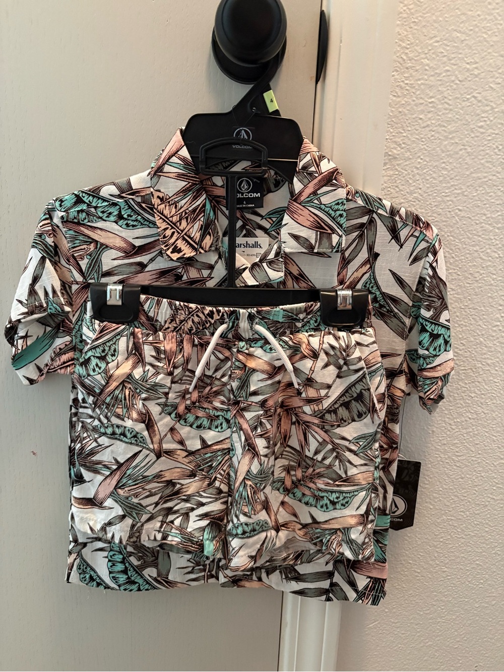 Volcom Boys Tropical Button-Down Shirt and Short Set in Mint, Beige & Brown